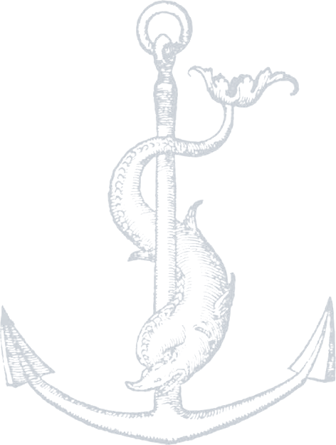 Festina Lente: a dolphin wrapped around an anchor